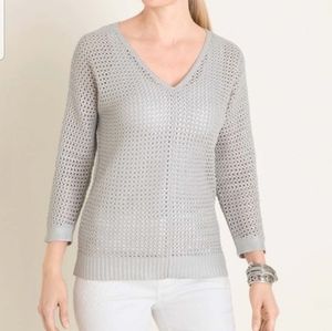 CHICO'S Silver Open-Stitch V-Neck Pullover Sweater Top